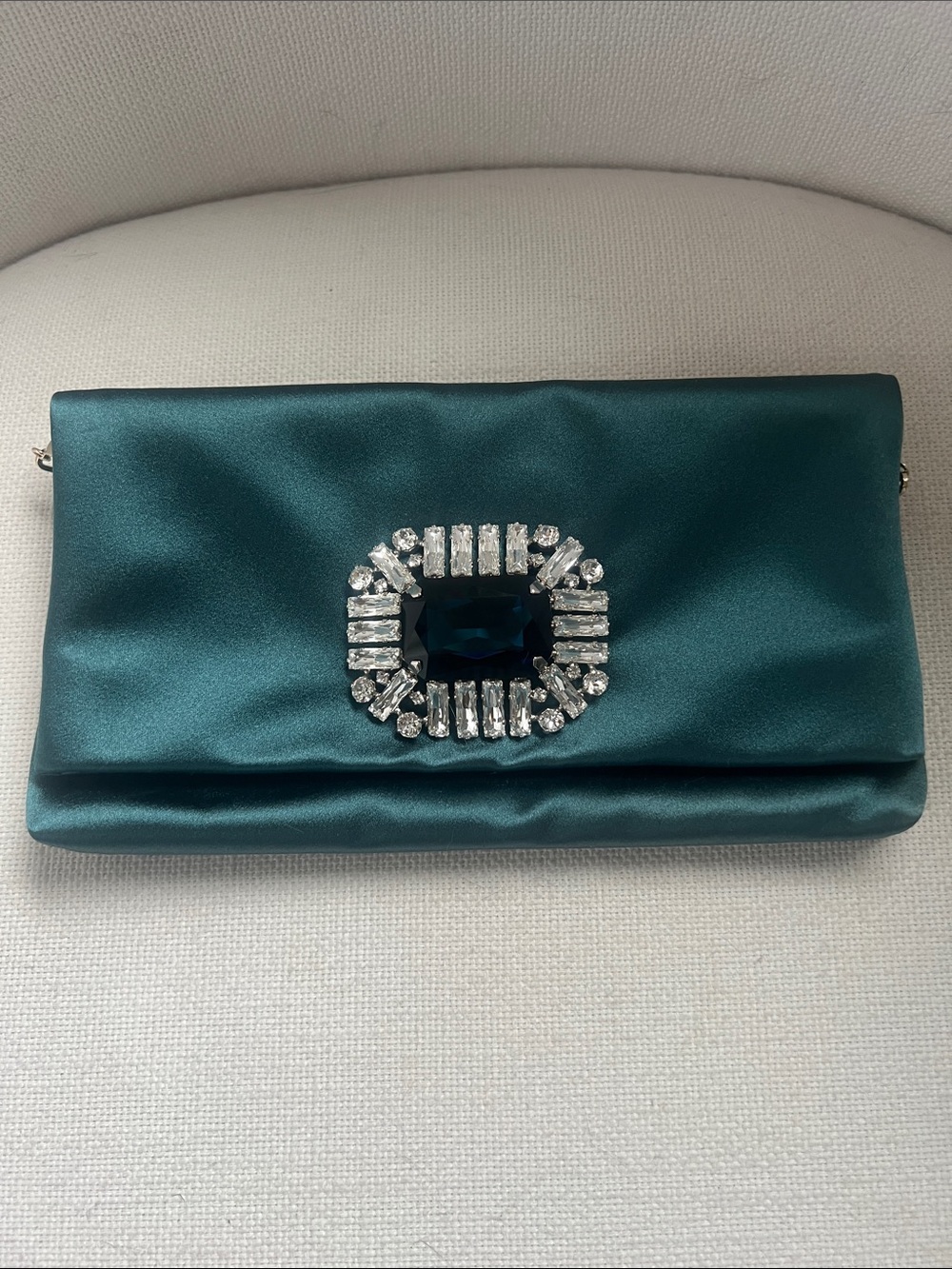 Jimmy Choo Teal Satin Crystal-Embellished Clutch